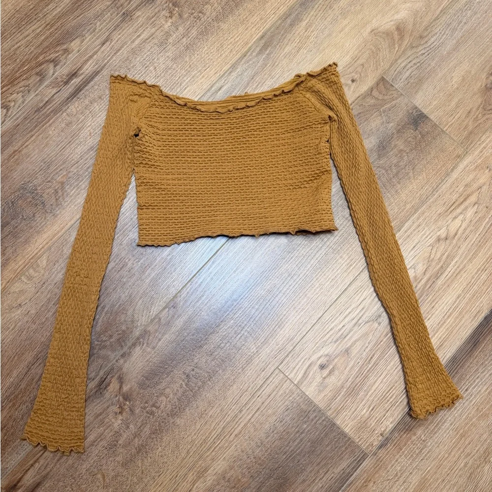 Free People Intimately‎ Textured Crop Top XS/S Antique Gold Off Shoulder Boho